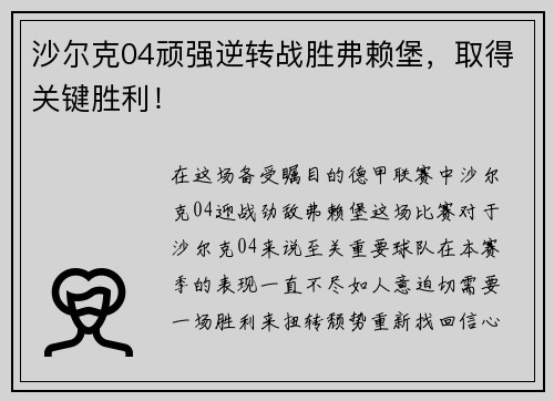 沙尔克04顽强逆转战胜弗赖堡，取得关键胜利！